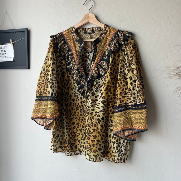 Kobi Halperin Top‎ Leopard Print Ruffle Trim Silk Cotton Gold Blouse Size L - Picture 3 of 9